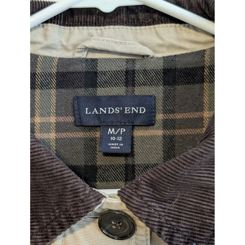 Lands End Womens Tan Canvas Field Coat Plaid Flannel Lined Corduroy Trim M 10-12 - Picture 4 of 9